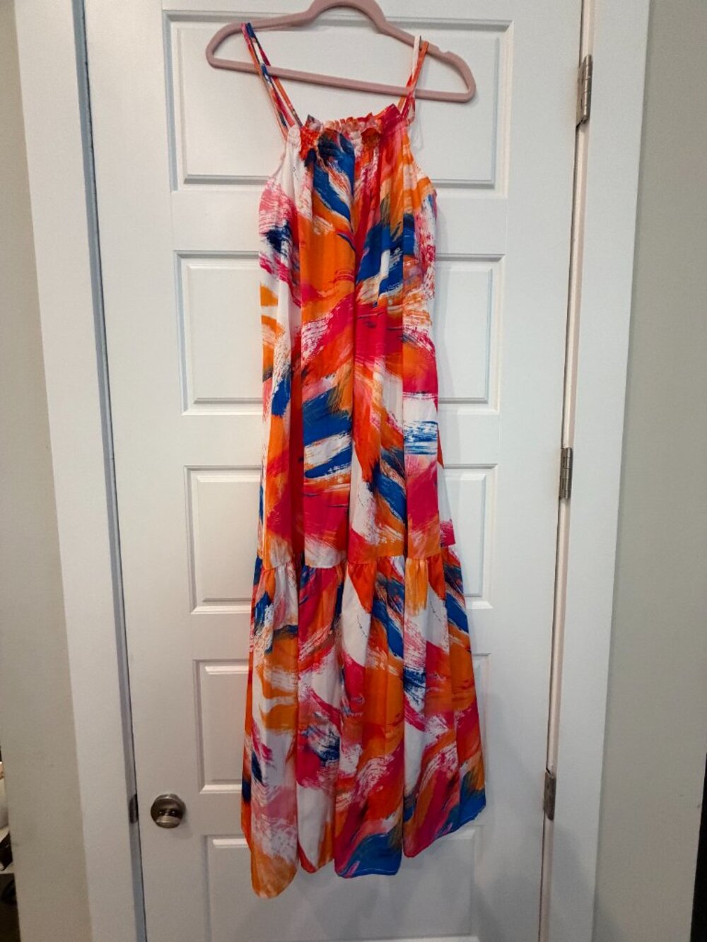 Colorful Abstract Brushstroke Tiered Maxi Dress Orange Pink Blue
